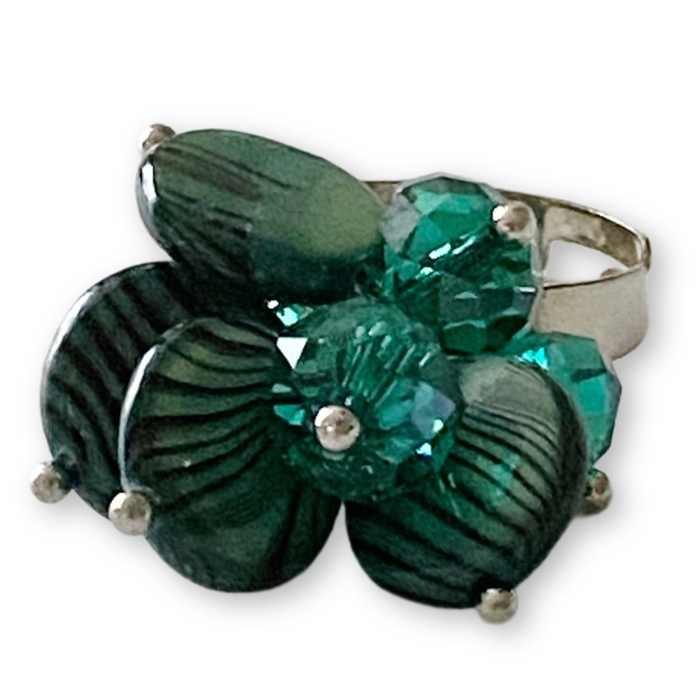 Vintage Teal Beaded Crystal & Stone Adjustable Boho Charm Statement Fashion Ring